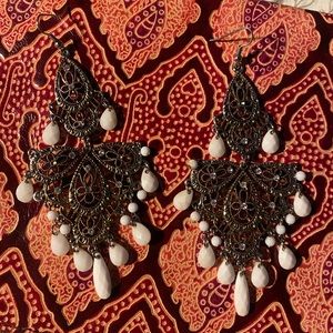 Ornate Bohemian Tibetan gold rhinestone earrings with ivory dangle beads 🤍🤍🤍